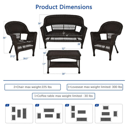 Ensemble de conversation 4 pièces pour patio en osier