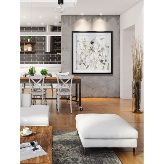 Brume de fleurs sauvages I - Impression encadrée sur mesure - bleu, blanc, gris, jaune, vert, argent, or