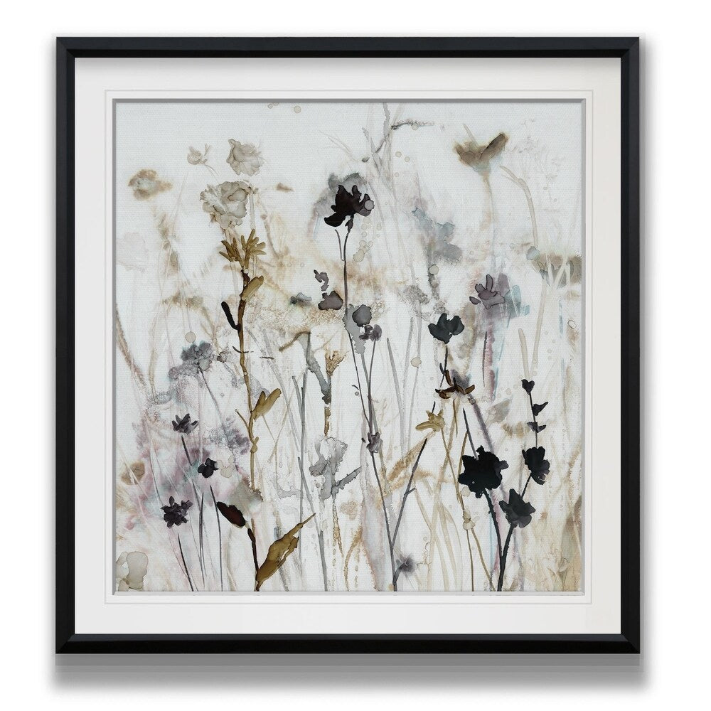 Brume de fleurs sauvages I - Impression encadrée sur mesure - bleu, blanc, gris, jaune, vert, argent, or
