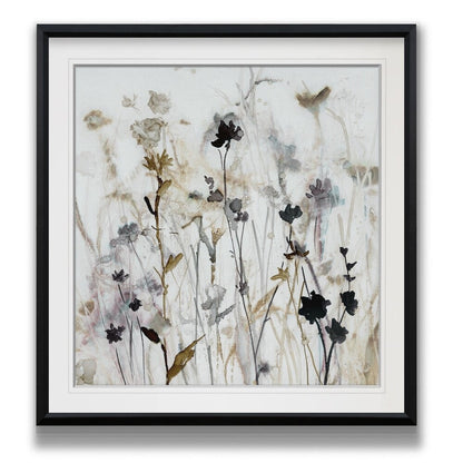 Brume de fleurs sauvages I - Impression encadrée sur mesure - bleu, blanc, gris, jaune, vert, argent, or