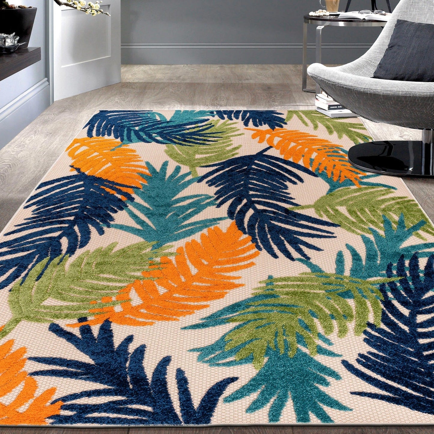 Tapis d'intérieur/extérieur moderne à motif floral tropical de World Rug Gallery