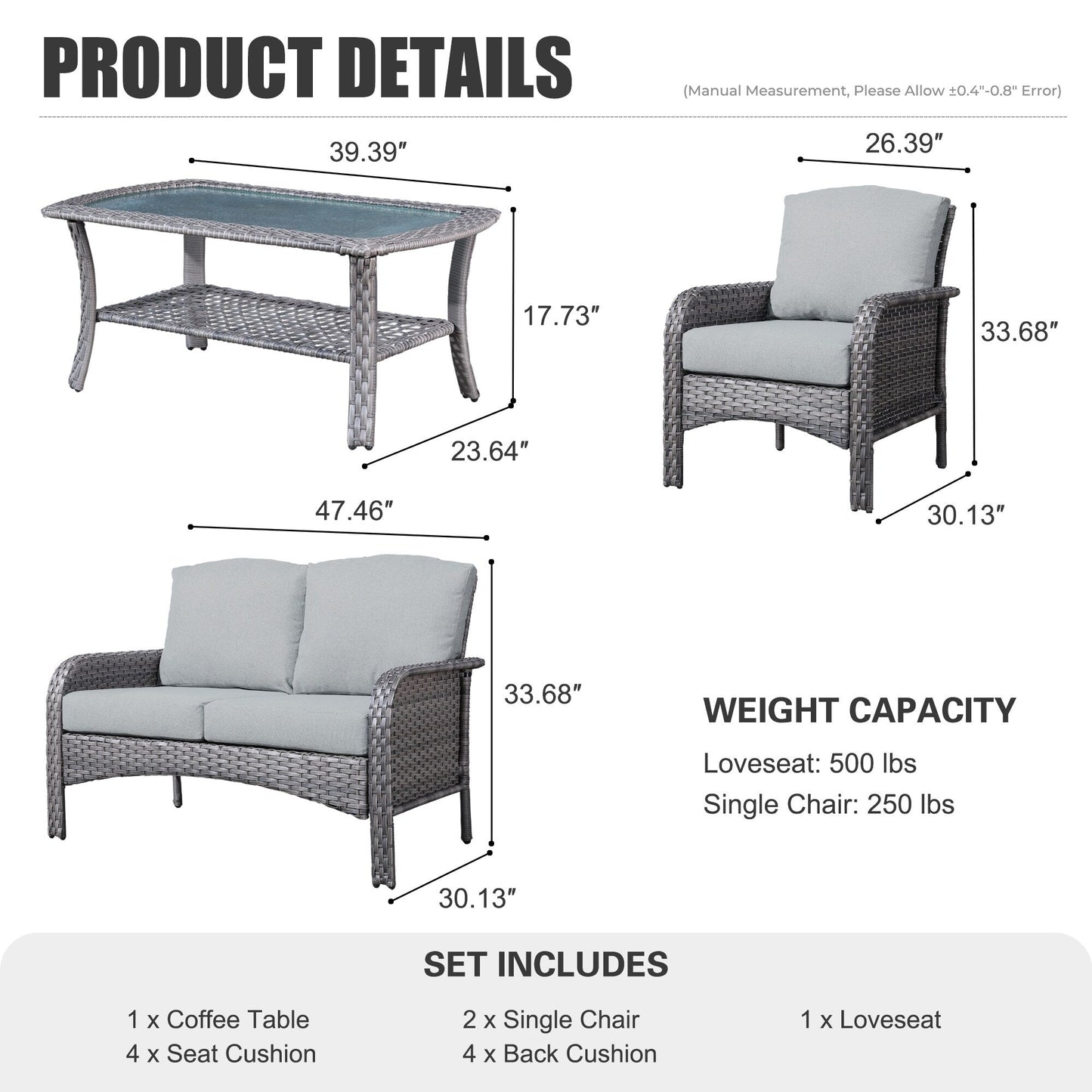 Ensemble de conversation de 4 pièces pour patio extérieur XIZZI avec table