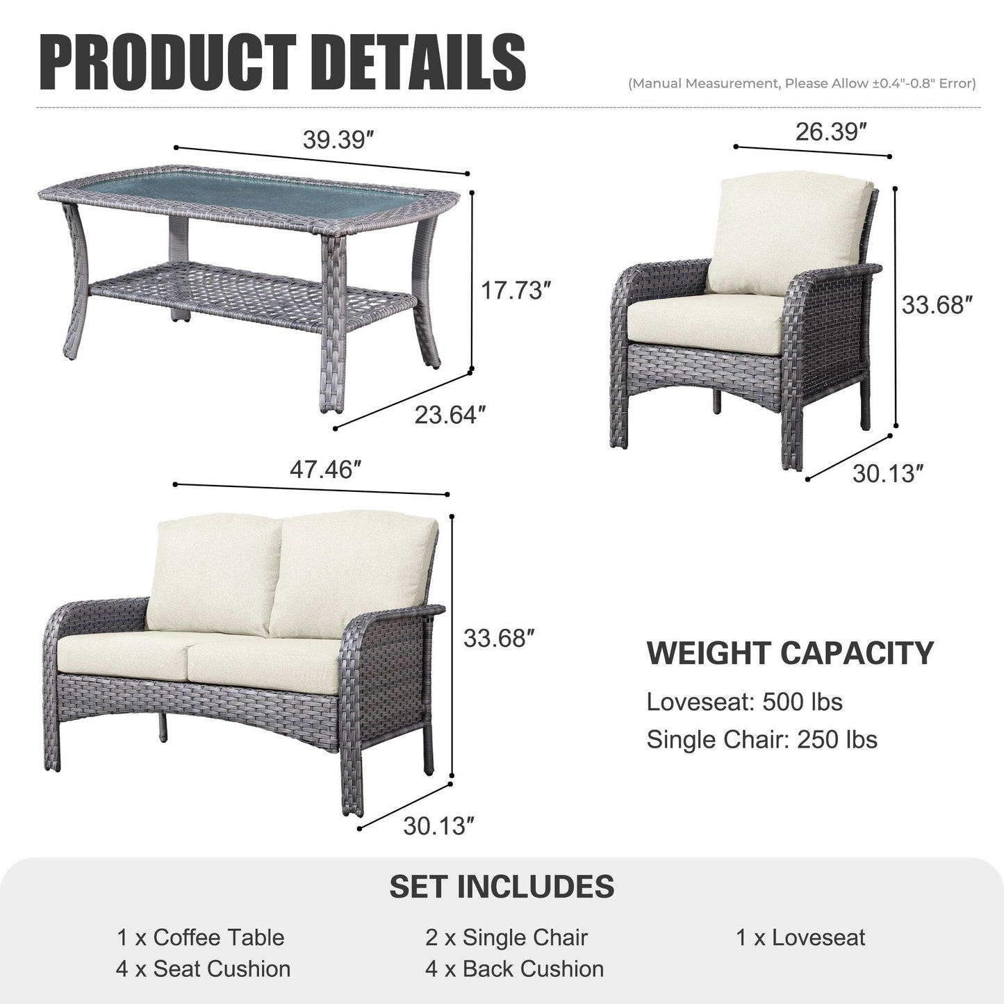 Ensemble de conversation de 4 pièces pour patio extérieur XIZZI avec table