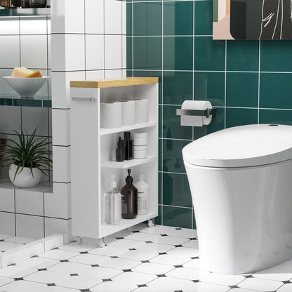 Meuble de salle de bain Kleankin Slim avec roulettes, rangement intégré et étagères en bois, idéal pour les petits espaces, blanc.